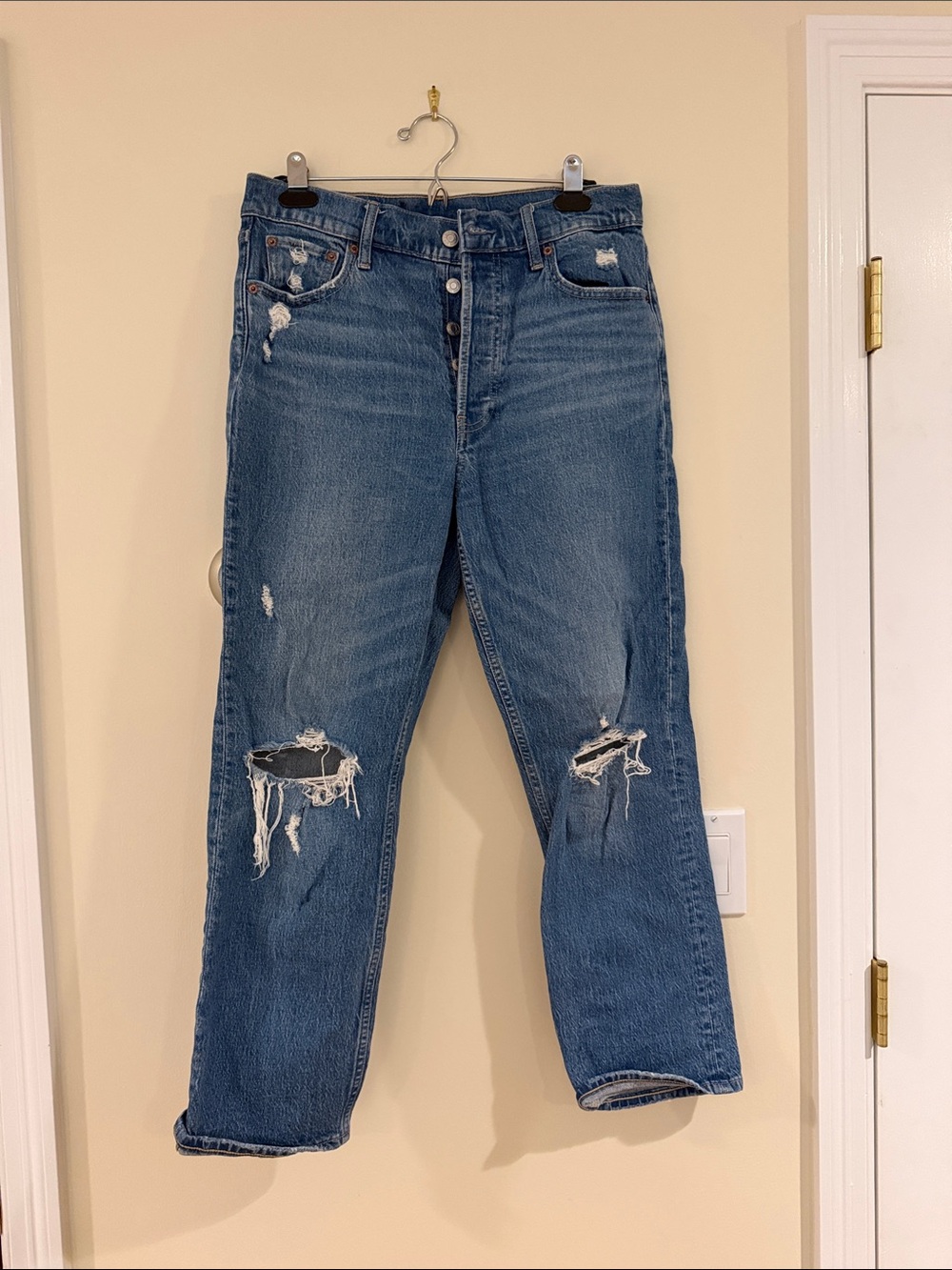 GAP Distressed High Rise Cheeky Straight Jeans — Blue Wash
